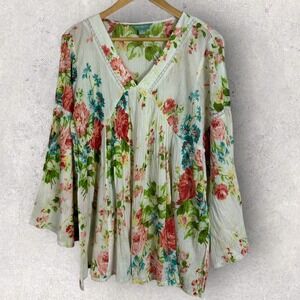 April Cornell Floral Bell Sleeve Lace Trim Bohemian V-Neck Blouse Top‎ Medium M